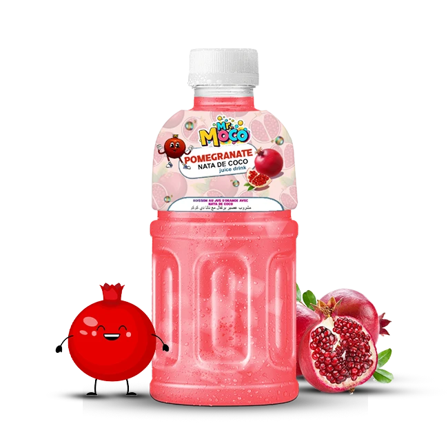 Mr. Moco Pomegranate Nata de Coco juice drink bottle with fresh pomegranate fruit and a cartoon pomegranate character.